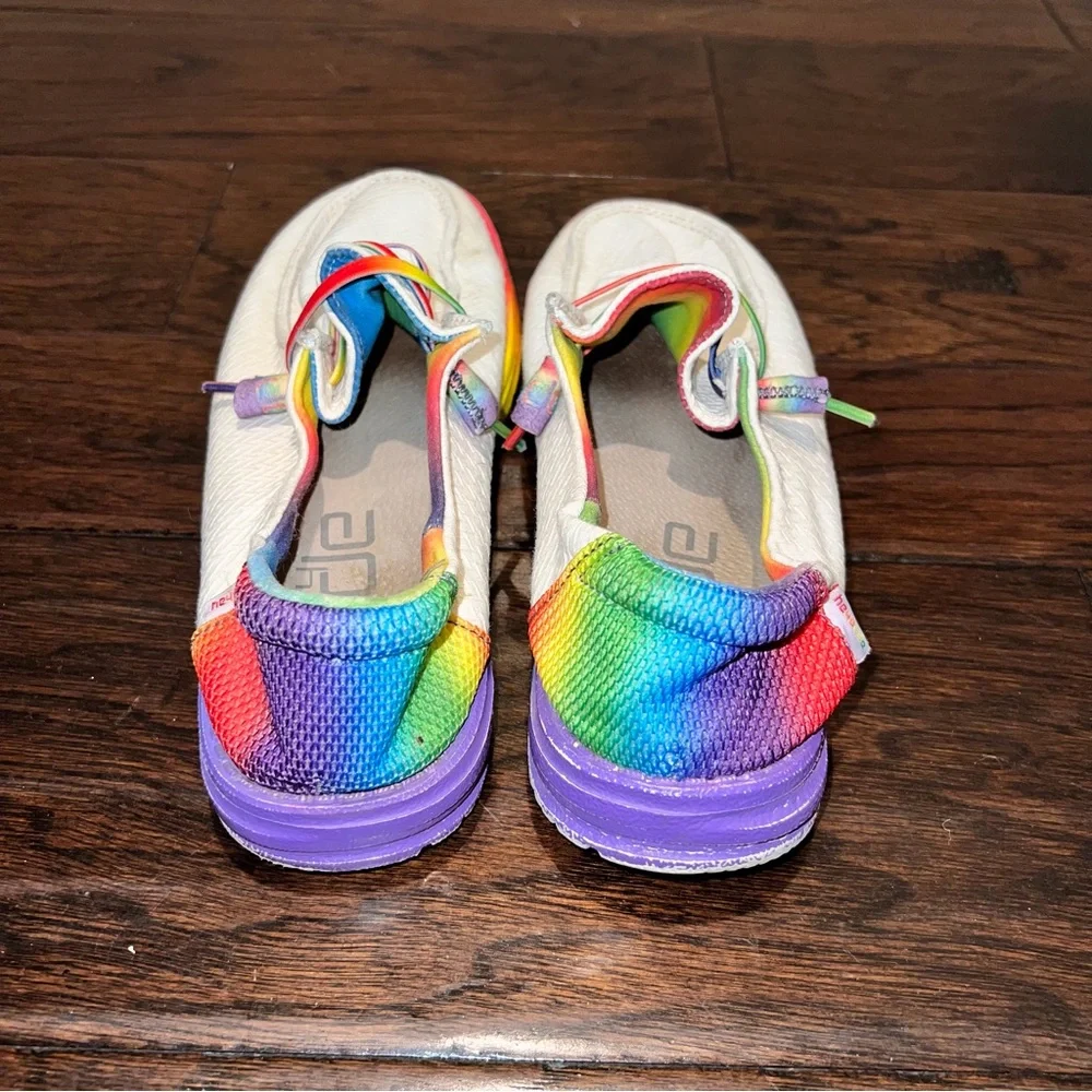 Hey Dude Light Cream Slip-On Shoes with Rainbow Accents